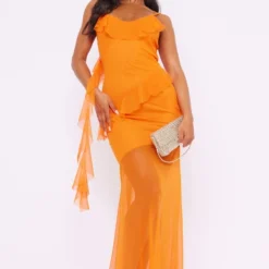 Robe Longue Orange En Mesh Drapé Volanté à Bretelles