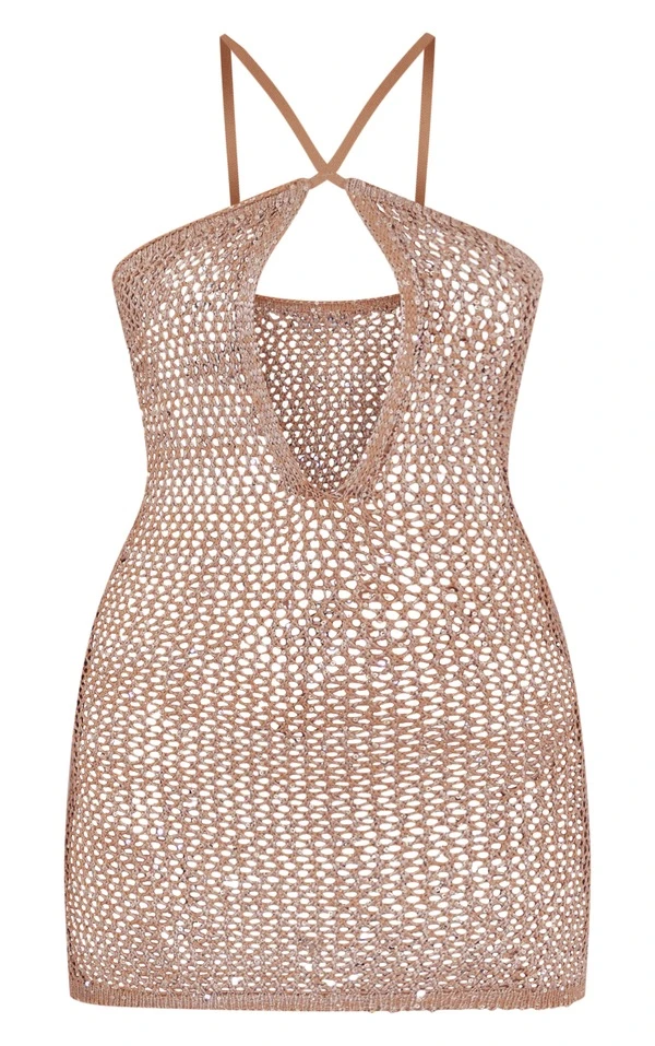 Mini Robe En Crochet Café Au Lait à Sequins Et Bretelles 5 Mini Robe En Crochet Café Au Lait à Sequins Et Bretelles – Image 5