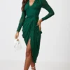 Robe Mi-longue En Mesh Froncé Drapé Vert émeraude à Manches Longues
