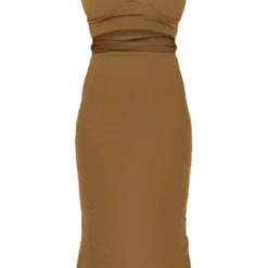 Robe Mi-longue Découpée Texturée Kaki à Col Nageur -Pas Cher Robe Tendre Magasin 75eb88a9d19fedb310604acd6cb33f88563182fd cnd1237 5