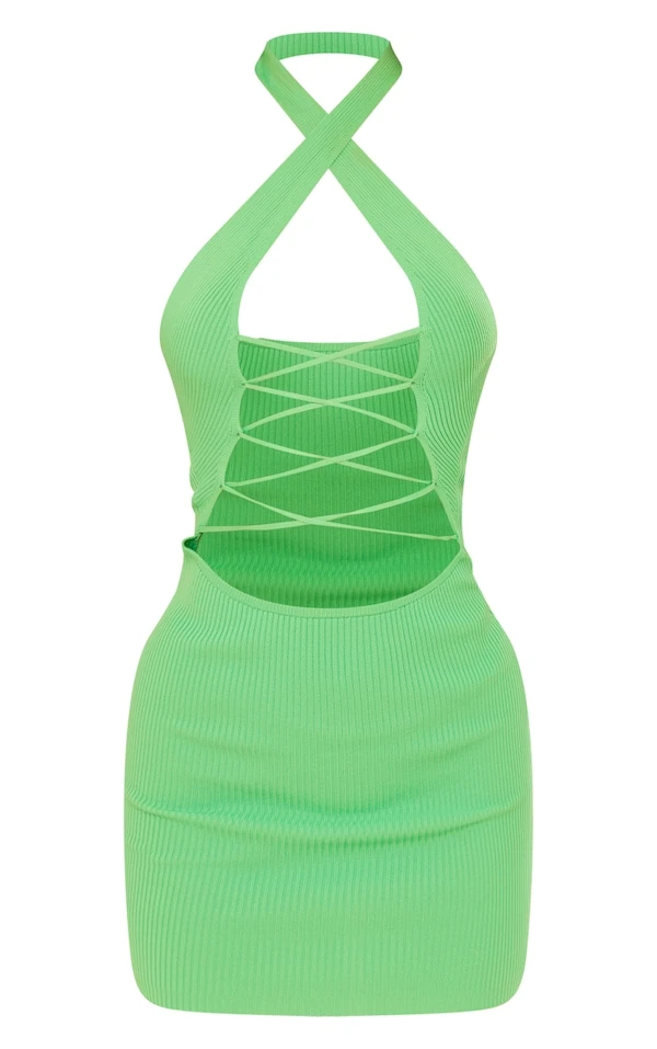 Robe Dos Nu En Maille Tricot Côtelée Verte à Lacets Devant 5 Robe Dos Nu En Maille Tricot Côtelée Verte à Lacets Devant – Image 5