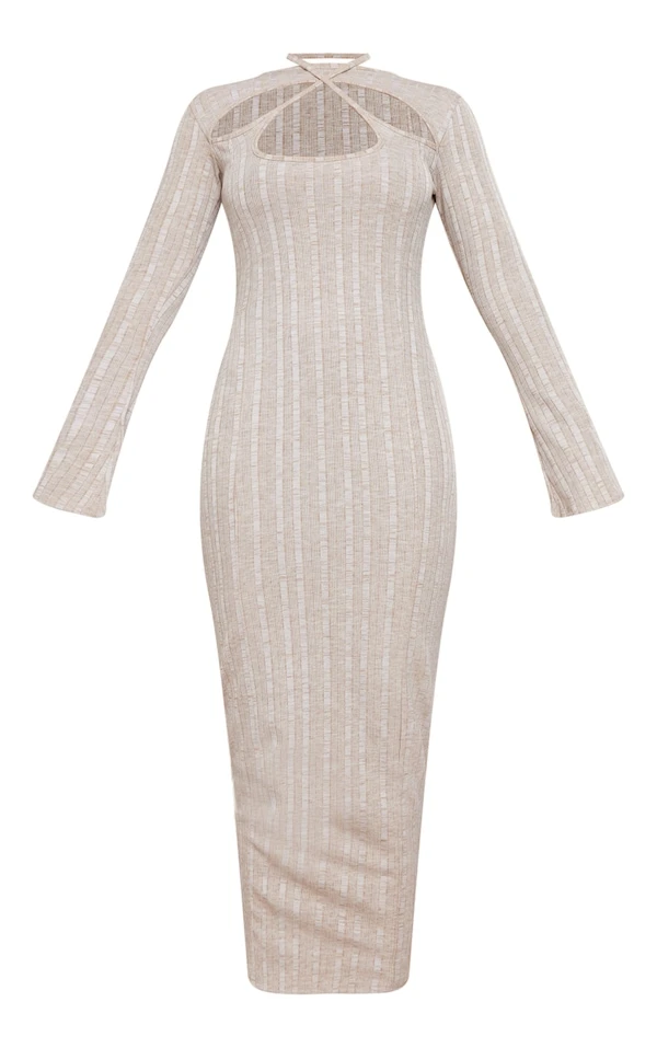 Robe Longue Côtelée Avoine Découpée à Nouer Dans Le Cou 5 Robe Longue Côtelée Avoine Découpée à Nouer Dans Le Cou – Image 5