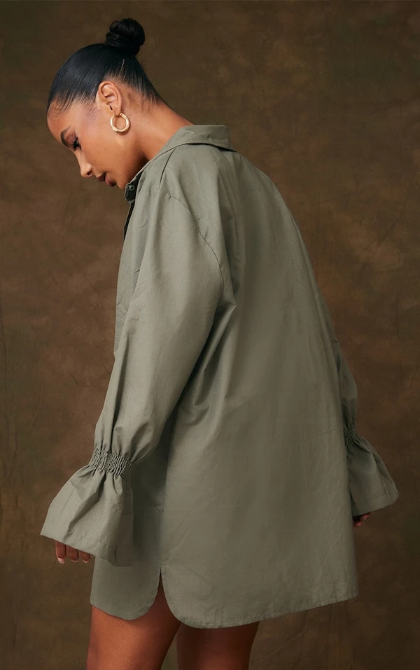 Robe Chemise Tissée Kaki Froncée à Manches évasées 2 Robe Chemise Tissée Kaki Froncée à Manches évasées – Image 2