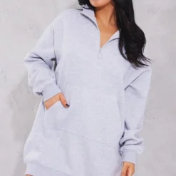 Robe Pull En Sweat Gris Cendré à Zip Et Col Montant