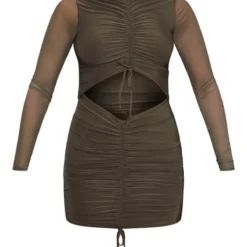 Robe Très Moulante Froncée Kaki Mousse Découpée à Manches En Mesh -Pas Cher Robe Tendre Magasin 785d09a567242f54b92e03d0f01ba532370113e0 cnc2984 5