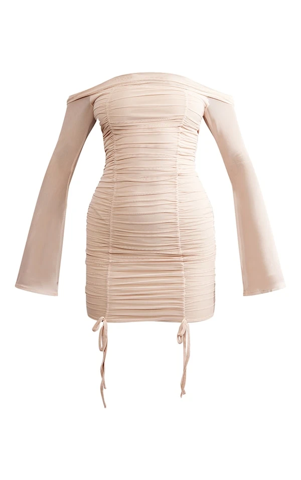 Robe Moulante En Mesh Gris Pierre Très Froncée à Col Bardot 5 Robe Moulante En Mesh Gris Pierre Très Froncée à Col Bardot – Image 5