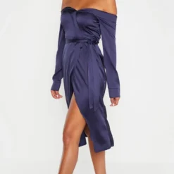 Robe Portefeuille Mi-longue Satinée Bleu Marine à Col Bardot Replié -Pas Cher Robe Tendre Magasin 79df97838639ff4504a8d3a9f792fdc263cdc57a clz7367 4