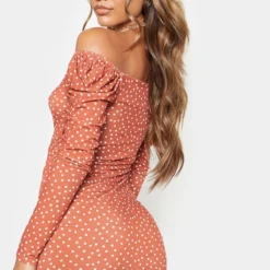 Robe Moulante Orange Terracotta Imprimé Pois à Manches Longues Et Devant Froncé -Pas Cher Robe Tendre Magasin 7a602d3d95fe3a4af9fad751032384bffc9094e0 CMS1125 2