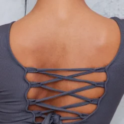 Robe Moulante Côtelée Gris Anthracite à Dos Lacé Et Manches Longues -Pas Cher Robe Tendre Magasin 7a8b08cb62622584687d72e11a45de469fe663bc cnc5777 4