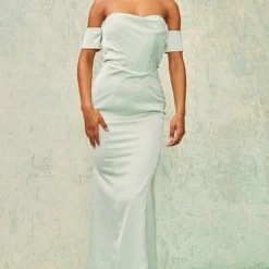 Robe-corset Longue Vert Sauge à Dos Nu Découpé Et Col Bardo