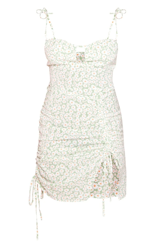 Robe Fendue Moulante Verte Fleurie à Devant Froncé 5 Robe Fendue Moulante Verte Fleurie à Devant Froncé – Image 5