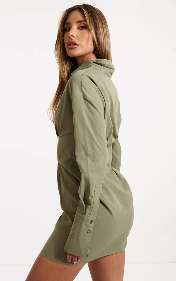 Robe Chemise Kaki à Taille Style Corset 2 Robe Chemise Kaki à Taille Style Corset – Image 2
