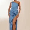 Robe Longue Asymétrique Satinée Froncée Bleu Minéral Fendue