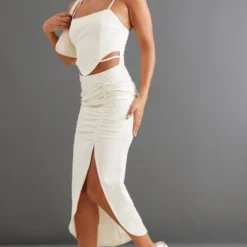 Robe Corset Mi-longue Satinée Crème à Jupe Froncée Et Bretelles -Pas Cher Robe Tendre Magasin 7f277be290ef473d6c3bc1a636cfe208d31d25ec cnc7734 3
