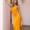 Robe Longue Bustier Moulante Orange Découpée Froncée Sur Le Côté