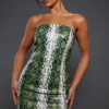 Robe Moulante Style Bustier En Similicuir Vert Imprimé Serpent