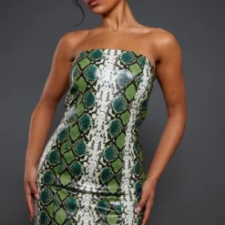 Robe Moulante Style Bustier En Similicuir Vert Imprimé Serpent