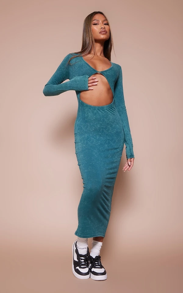 Robe Mi-longue En Coton Vert Délavé Découpée à Manches Longues 3 Robe Mi-longue En Coton Vert Délavé Découpée à Manches Longues – Image 3