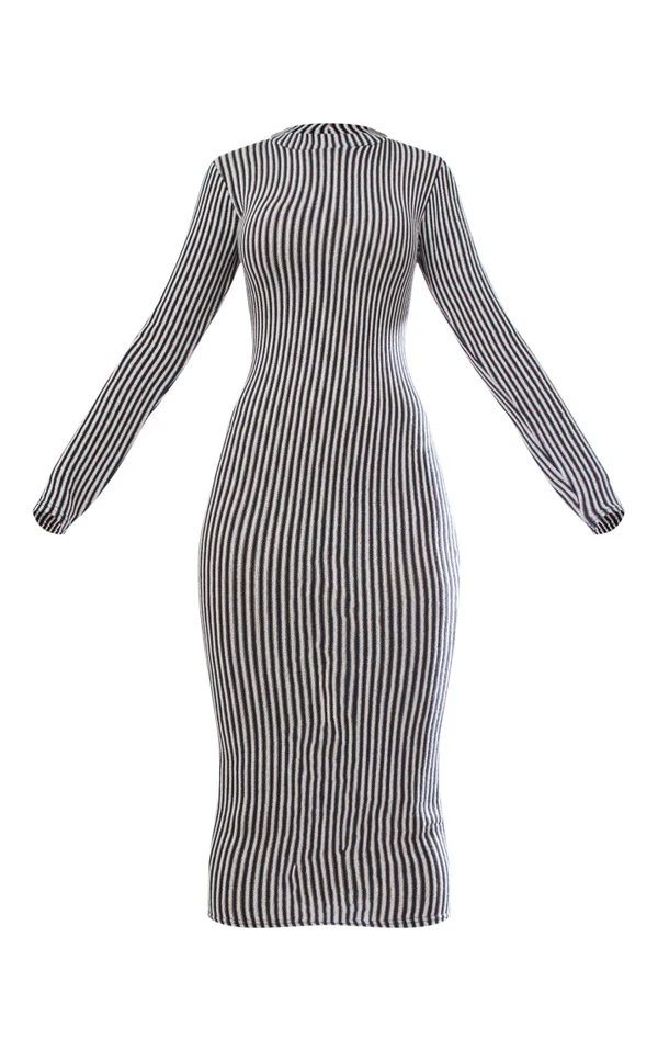 Robe Longue Côtelée Bicolore Noir Et Blanc à Col Montant 5 Robe Longue Côtelée Bicolore Noir Et Blanc à Col Montant – Image 5