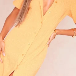 Robe Chemise Longue Orange Crêpée Texturée à Boutons -Pas Cher Robe Tendre Magasin 858ed47fac3e449e1313c295685b5f8a260c7e56 cnd8851 4