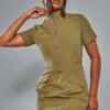 Robe Chemise Parachute Cargo Kaki à Zip