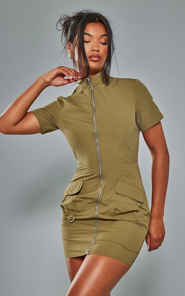 Robe Chemise Parachute Cargo Kaki à Zip 1 Robe Chemise Parachute Cargo Kaki à Zip