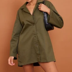 Robe Chemise Oversize Kaki Tissée Fendue