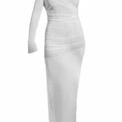 Robe Longue Fendue En Mesh Transparent Blanc Froncé -Pas Cher Robe Tendre Magasin 86fb98d8776ec210c1a639bad203d42882ba3cd1 cne1008 5