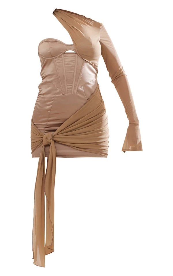 Robe Moulante Asymétrique Satinée Taupe à Corset Et Parties En Mesh 5 Robe Moulante Asymétrique Satinée Taupe à Corset Et Parties En Mesh – Image 5