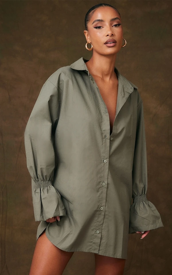 Robe Chemise Tissée Kaki Froncée à Manches évasées 1 Robe Chemise Tissée Kaki Froncée à Manches évasées