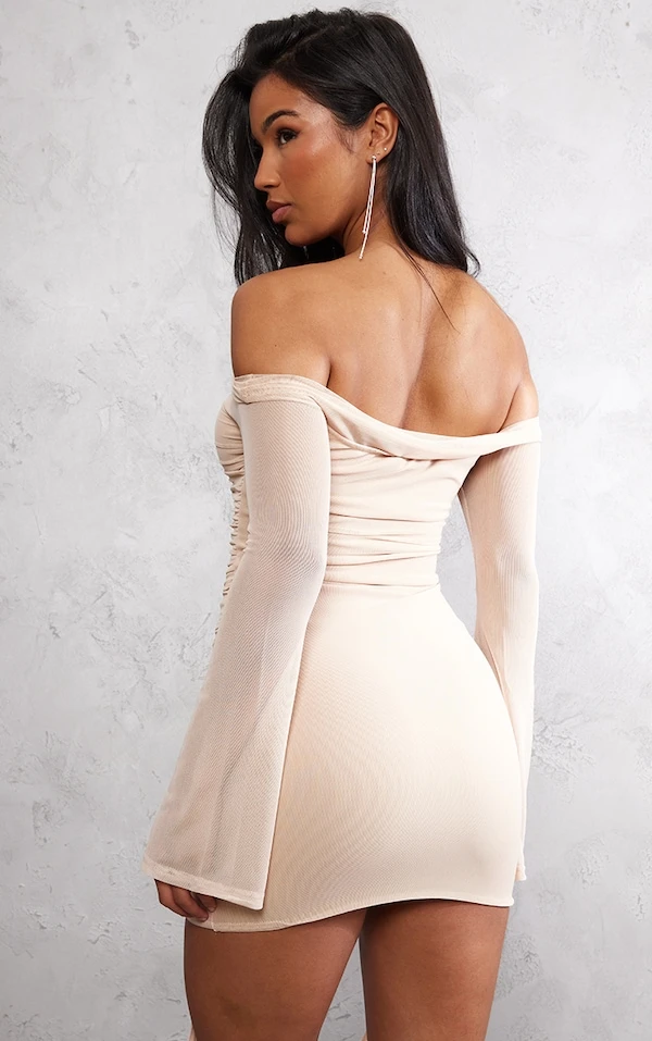 Robe Moulante En Mesh Gris Pierre Très Froncée à Col Bardot 2 Robe Moulante En Mesh Gris Pierre Très Froncée à Col Bardot – Image 2