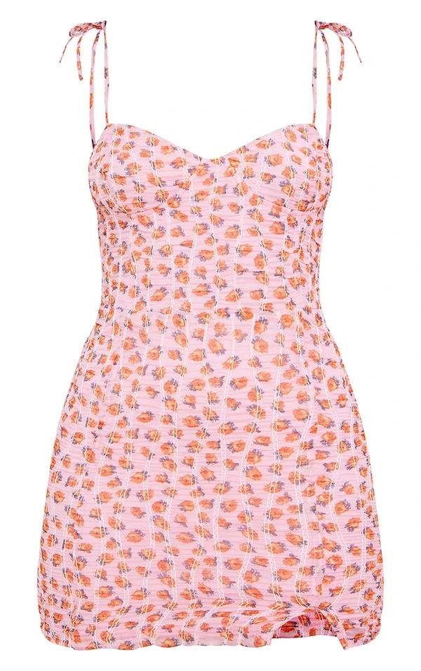 Robe Moulante Rose Fleurie En Mousseline De Soie à Bretelles Nouées Et Détail Bonnets 5 Robe Moulante Rose Fleurie En Mousseline De Soie à Bretelles Nouées Et Détail Bonnets – Image 5