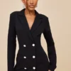 Robe Blazer Tissée Noire à Double Boutonnière Et Boutons Strassés