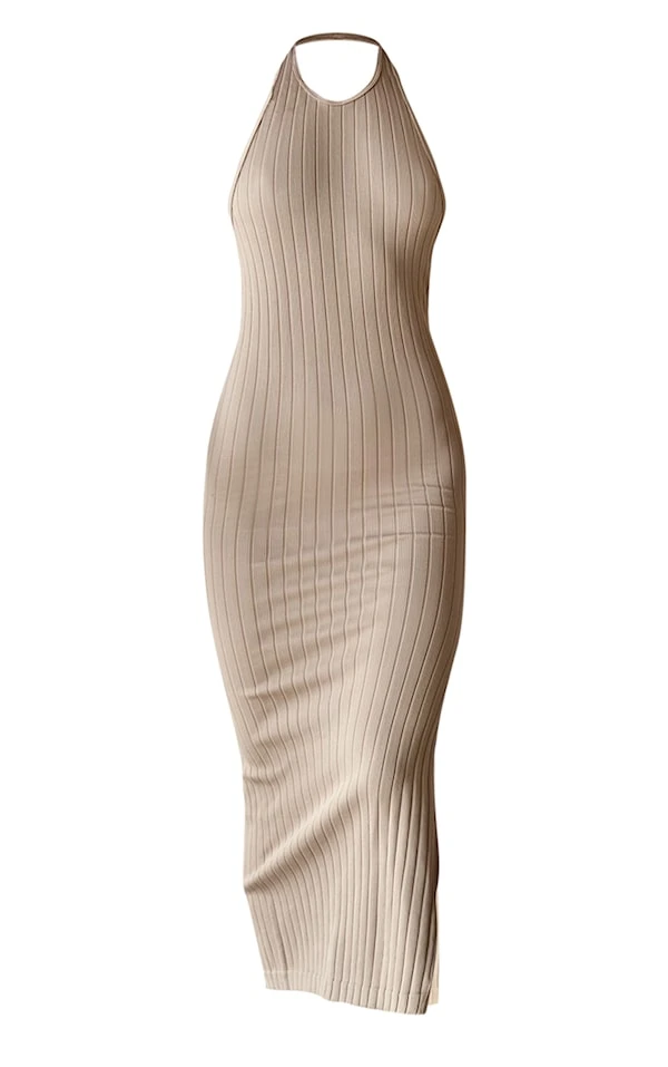 Robe Longue En Maille Côtelée Structurée Gris Pierre à Contours Et Dos Nu Arrondi 5 Robe Longue En Maille Côtelée Structurée Gris Pierre à Contours Et Dos Nu Arrondi – Image 5