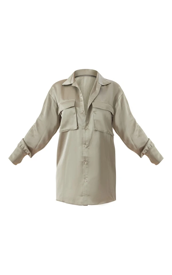 Robe Chemise Satinée Sauge Oversize à Détail Poches 5 Robe Chemise Satinée Sauge Oversize à Détail Poches – Image 5