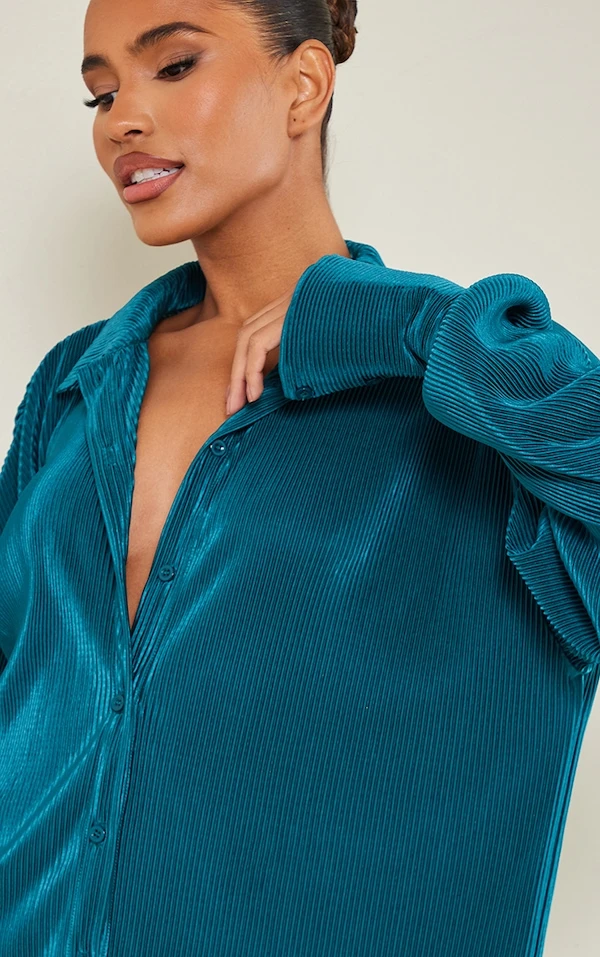 Robe Chemise Plissée Bleu Sarcelle à Ourlet Volanté 4 Robe Chemise Plissée Bleu Sarcelle à Ourlet Volanté – Image 4