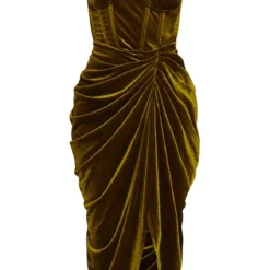 Robe Mi-longue En Velours Vert Olive à épaule Unique, Détail Corset Et Drapée Sur Le Côté -Pas Cher Robe Tendre Magasin 9323a5fceb3b2989dc844577634114b6ca748688 cmu4096 6