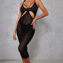 Robe Mi-longue Noire En Maille Pointelle à Parties Contrastantes -Pas Cher Robe Tendre Magasin 932e556bb5faeb2a17a4db464355ae8886e71b32 cmz8152 3