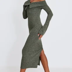 Robe Mi-longue Kaki Chiné Côtelée à Col Bardot -Pas Cher Robe Tendre Magasin 933326ba0cb207adaf51de3c45566a566890b26c cnc6743 3