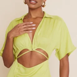 Robe Chemise Effet Lin Vert Découpée à La Taille Et Jupe Boutonnée -Pas Cher Robe Tendre Magasin 935c20d0fe599ceceb60ac3f60cb39ccf4925586 cnd4051 4