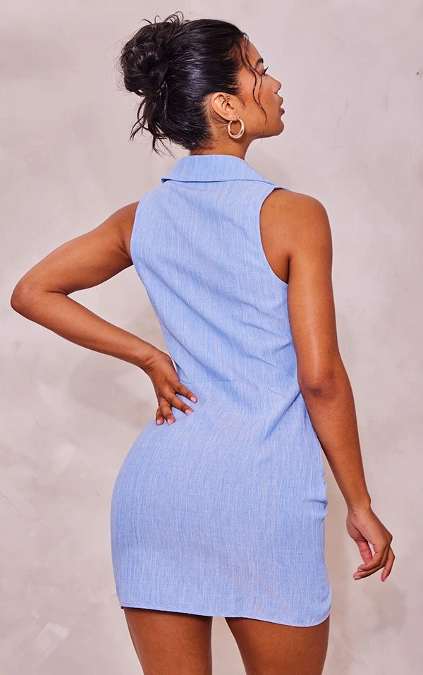 Robe Moulante Style Gilet Bleue Effet Lin à Découpes 2 Robe Moulante Style Gilet Bleue Effet Lin à Découpes – Image 2