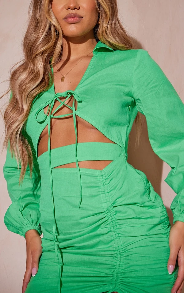 Robe Moulante Vert Vif Effet Lin à Jupe Froncée Et Liens Noués 4 Robe Moulante Vert Vif Effet Lin à Jupe Froncée Et Liens Noués – Image 4