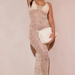 Robe De Plage Longue Crème En Maille Tricot Côtelée Déchirée