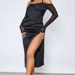 Robe Mi-longue Fendue Noire Satinée Dos Nu à Corset En Mesh -Pas Cher Robe Tendre Magasin 951e8c6d7c0f40370ca0b830576ef62330d4b57f cnd0027 3