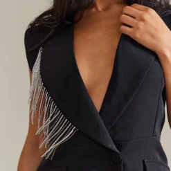 Robe Blazer Noire Ajustée à Bordures Frangées Strassées -Pas Cher Robe Tendre Magasin 98aaaed61d4cc21f1b6f6036f11bb1c3415f9eff cnb0821 4