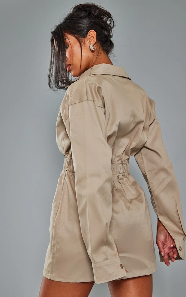 Robe Chemise En Maille Sergée Sable à Poches Frontales Et Taille élastique 2 Robe Chemise En Maille Sergée Sable à Poches Frontales Et Taille élastique – Image 2