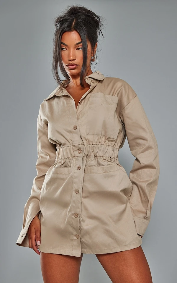 Robe Chemise En Maille Sergée Sable à Poches Frontales Et Taille élastique 1 Robe Chemise En Maille Sergée Sable à Poches Frontales Et Taille élastique