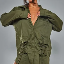 Robe Chemise Oversize En Maille Sergée Kaki à Poches Lacées