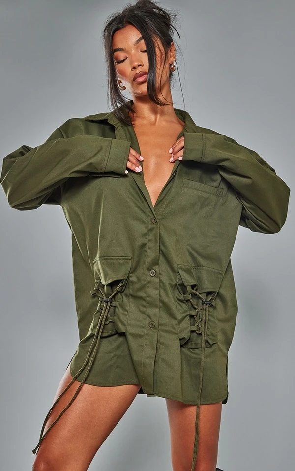 Robe Chemise Oversize En Maille Sergée Kaki à Poches Lacées 1 Robe Chemise Oversize En Maille Sergée Kaki à Poches Lacées