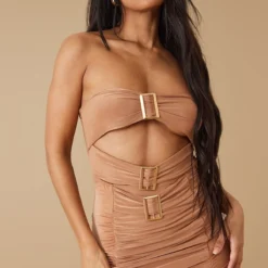 Robe Bustier Très Moulante Découpée Camel à Détail Boucles